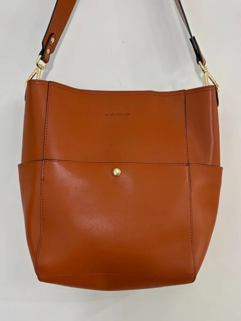 BOSTANTEN Genuine Leather Hobo Bucket Shoulder Bag Cognac Brown Gold Hardware